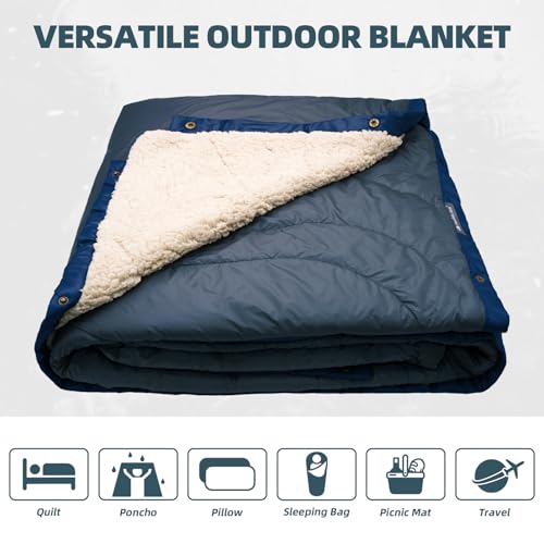 Outdoor Camping Blanket with Sherpa Lining, Extra Warm Thick Camp Blankets and Puffy Ultralight Soft Poncho DWR Camping Quilt for Cold Weather, Adventure, Sleeping, Backpacking 78"x 56" - color: Blue Cloud Valley, size: 78 x 56 inches