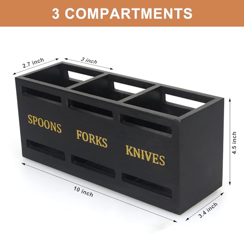 Ayiaren Wooden Cutlery Silverware Holder Flatware Utensil Caddy Black Utensil Holder for Kitchen Counter Wood Silverware Caddy Organizer for Table Countertop Spoon Knife and Fork Holder for Parties - color: Black (Gold Font)