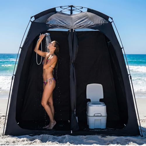EighteenTek® Upgraded Shower Tents with Hub, Camping Privacy Tent, 2-Room Privacy Shelter with Floor & Dual Doors, Portable Camping Toilet & Changing Tent, 83" x 47" x 77.6"H - color: Black, size: 83"l X 47"w X 78"h
