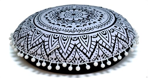 CRAFT KALA 32" Large Round Bohemian Floor Pillow Cover Boho Pouf Cover Mandala Meditation Room Pillows Cover Adults Seating Poufs Cushion Cover for Kids Reading Playroom Black Flower - color: Black Flower