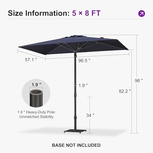 PURPLE LEAF 8' x 5' Rectangular Semi-Auto Outdoor Patio Umbrella Aluminium Market Umbrella Table Sun Umbrella with 1.89" Rod and 6 Sturdy Ribs for Deck Lawn Pool Garden, Navy Blue - color: Navy Blue, size: 5' x 8'