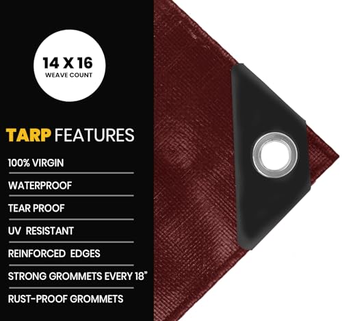 Extra Heavy Duty 16 Mil Tarp Cover, Waterproof, UV Resistant, Rip and Tear Proof, Poly Tarpaulin with Reinforced Edges for Roof, Camping, Patio, Pool, Boat. (Maroon/Black 6′ X 8′) - color: Maroon/Black-16 Mil, size: 6′ X 8′