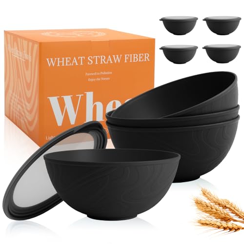 40 OZ Unbreakable Cereal Bowls with Lids, Wheat Straw Bowls Set of 4 with Unique Pattern, Reusable Plastic Bowl for Cereal, Soup, Salad and Ramen, Indoor & Outdoor Essentials, Black - color: Black, size: 40 Oz With Lid