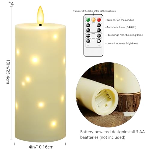 kakoya 10" x 4" Large Outdoor Waterproof Flickering Flameless Candles with Timer,4Pcs Battery Operated LED Pillar Candles with Embedded Star String for Outdoor Lanterns,Porch,Patio Decor(Ivory) - color: Ivory, size: 4PCS-D4"xH10"