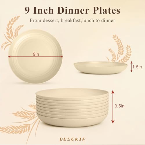 Kitchen Plates Set for 8, Wheat Straw Plate 9 Inch, Unbreakable Party Plates for Salad, Fruit, Bread, Microwave and Dishwasher Safe Round Plate for School, Camping, Kitchen - Beige - color: Beige, size: 9 inch