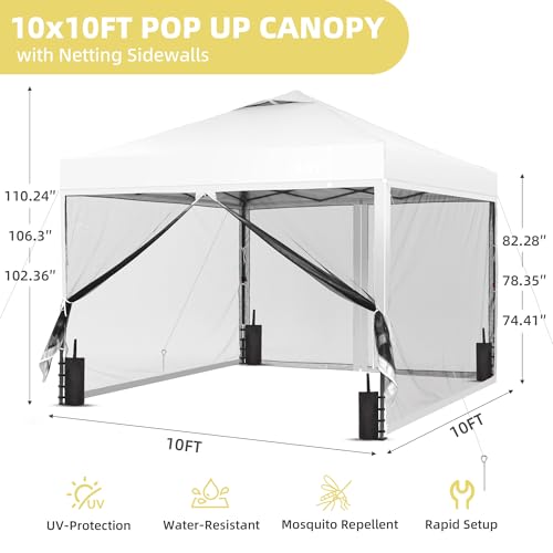 GDY 10x10 Pop up Canopy Tent with Mosquito Netting, Easy up Gazebo for Patio, Camping and Garden, Includes 4 Sandbags, White - color: White, size: 10x10 with Mosquito Netting