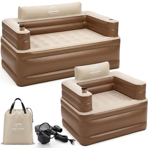 Inflatable Couch Set with Cup Holders & Pump, Velvety Air Sofa (1 Loveseat 60"x32"x34" & 1 Chair 41"x32"x34") for Camping & Home - size: L+1 Set
