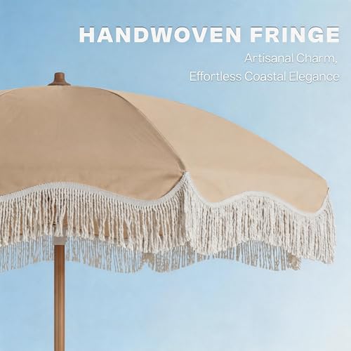 7ft Patio Umbrella with Fringe, Boho Beach Umbrellas, Outdoor Tassels Umbrellas with Push Button Tilt & Carrying Bag, 8 Windproof Fiberglass Ribs, UPF50+ - color: Beige