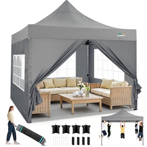 COBIZI 10x10 Heavy Duty Pop Up Canopy Tent with 4 Sidewalls Thicken Frame, Commercial Easy Up Outdoor Wedding Party Tents, All Season Waterproof Windproof with Stakes Sandbags Ropes Roller Bag, Gray - color: Gray, size: 10x10