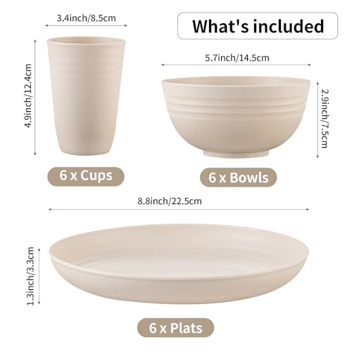 18PCS Wheat Straw Dinnerware Sets Kitchen Dinnerware Set Unbreakable Cups Plates and Bowls Set Lightweight Dish Set Microwave and Dishwasher Safe Dishes