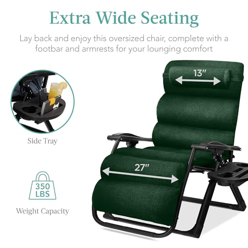 Best Choice Products Oversized Zero Gravity Chair, Folding Outdoor Patio Recliner, XL Anti Gravity Lounger w/Removable Cushion, Cup Holder, Side Tray, 350lb Capacity - Forest Green - color: Forest Green