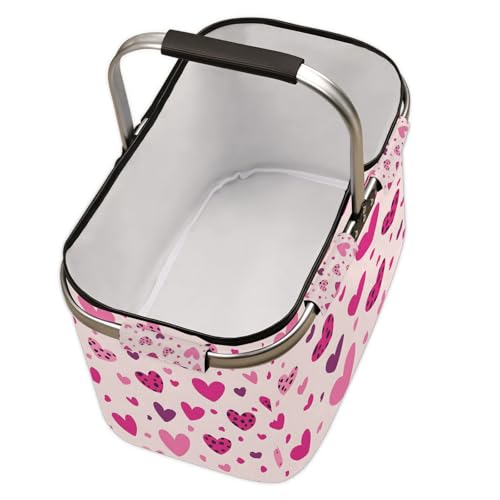 Leopard Love Heart Picnic Basket Large Collapsible Market Baskets Portable Reuasble Shopping Bags with Handles for Camping Beach Travel - color: Black