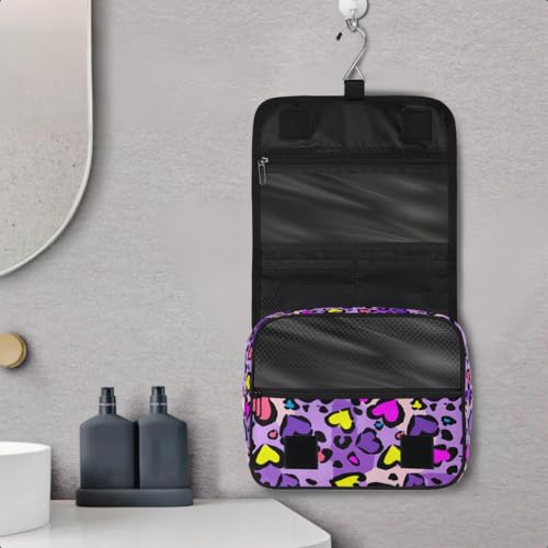 Heart Shape Leopard Skin Print Kids Toiletry Bag for Girls, Waterproof Hanging Makeup Organizer Travel Cosmetic Bag with Hook, Portable Toiletries Case for Sleepovers School Vacations - color: Heart Shape Leopard Skin Print