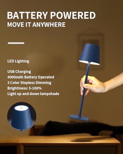 KDG 2 Pack Cordless Table Lamp,Portable LED Desk Lamp, 4000mAh Battery Operated, 3 Color Stepless Dimming Up, for Restaurant/Bedroom/Bars/Outdoor Party/Camping/Coffee Shop Night Light(Blue) - color: Blue-2