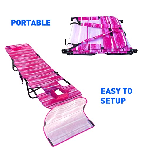EasyGo Product FLIP Face Down Tanning Beach Chair Lounger with Face & Arm Holes - Polyester Material – Multiple Backrest Positions - Head Rest Pillow-Sand or Home Use - PATENTS Pending