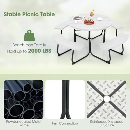 Giantex Picnic Table Set for Up to 8 Persons, Round Outdoor Table and Bench Set with Umbrella Hole, HDPE Top & Metal Frame, 2000LBS Capacity, Patio Table Bench for Deck Backyard Garden (White) - color: White, size: Round-43"x43"x30"