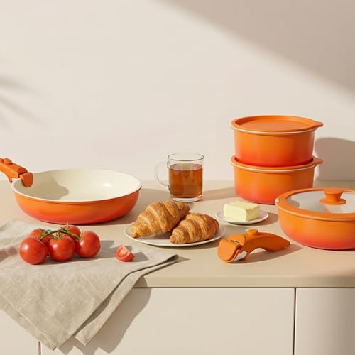 GIPP 11pcs Pots and Pans Set Non Stick, Nonstick Cookware Set Detachable Handle, Ceramic Pots for Cooking Non Stick with Removable Handle, RV Cookware Set for All Stoves, Orange Gradient - color: Orange Gradient, size: 11PCS