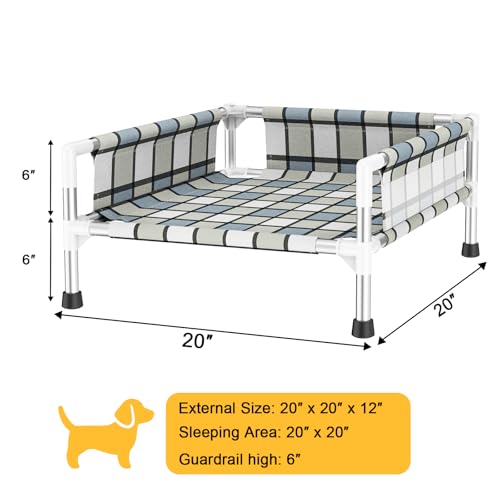 Elevated Raised Outdoor Dog Bed - Cooling Washable Dog Cot with Guardrail, Durable & Breathable Cotton Mesh Pet Hammock Beds with Stainless Steel Pipe Frame for Small Pets (20'' x 20'' x 12'') - size: 20'' x 20'' x 12''