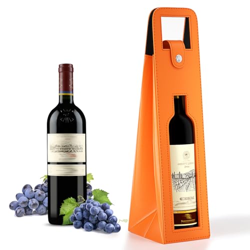 RYDDOY Wine Gift Bag, Reusable Leather Wine Tote Carrier, Single Bottle Champagne Beer Gift Bags Carrier for Birthday, Wedding, Picnic Party, Christmas festival Gifts (Orange) - color: B-Orange-16.1×3.5×3.5