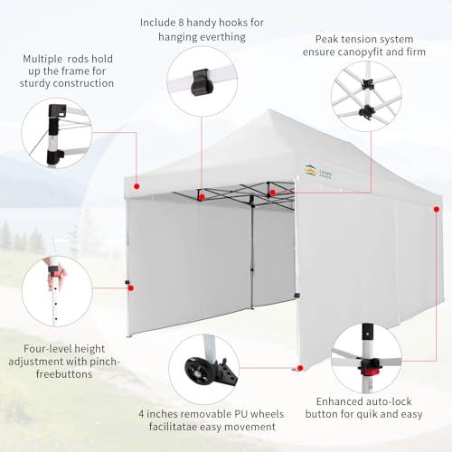 CROWN SHADES 10x20 Pop Up Canopy Tent, Thicken Frame Commercial Heavy Duty Tent, 4 Sidewalls 8 Stakes & 4 Sandbags & 4 Ropes, Outdoor Canopies for Events, Parties,White - color: White, size: 10x20 Heavy Duty