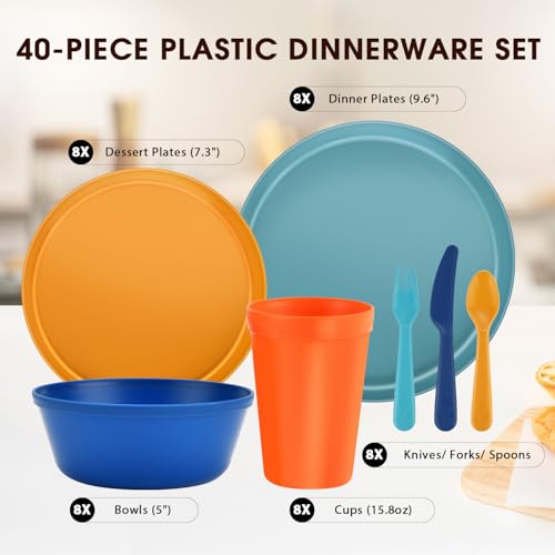 40 Piece Plastic Dinnerware Set for 8 with Cutlery, Unbreakable Plates and Bowls Set, Dishwasher & Microwave Safe Reusable Dish Set for Camping, RV, Outdoor Kitchen, Apartment Dining,Tropic Multicolor - color: Fiesta