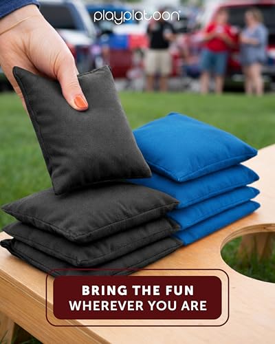 Play Platoon Cornhole Bags Weather Resistant- Set of 8 Regulation Bean Bags for Tossing- Official Professional Size & Weight Corn Hole Bags Two Color All Weather Cornhole Beans Bag Set with Tote Bag - color: Black & Blue