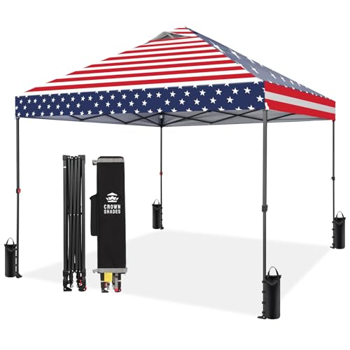 CROWN SHADES 10x10 Pop Up Canopy - Patented Center Lock One Push Instant Outdoor Canopy Beach Tent with STO-N-Go Bag 8 Stakes & 4 Sand Bags，American Flag - style: American flag