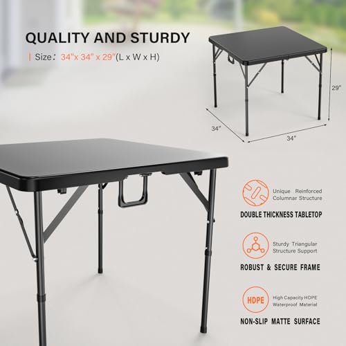 VINGLI 34" Fold in Half Square Table, Bi-Folding Commercial Portable Plastic Dining Table for Kitchen Outdoor Party Wedding Event, Black - color: Black, size: 34 Inches