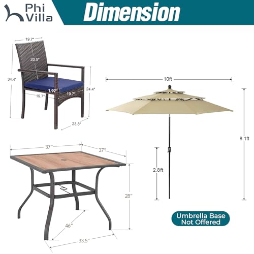 PHI VILLA 5 Piece Outdoor Dining Set with Umbrella for 4, 37" Square Metal Wood-top Dining Table & Wicker Rattan Chairs with Cushions & 10ft Beige Umbrella for Patio, Deck, Backyard, Porch - color: Beige, size: 5PCS 37" Wood-top Table