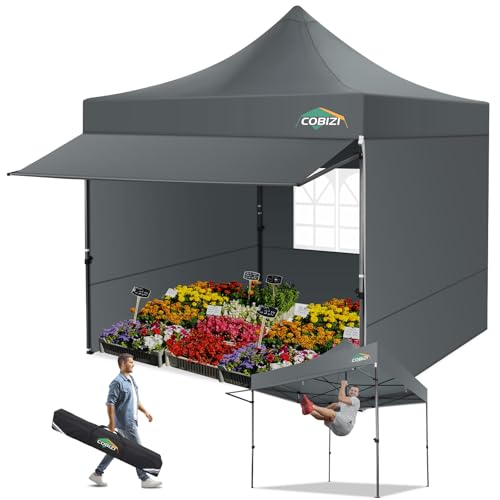 COBIZI 10x10 Pop Up Canopy Tent with Awning & Sidewalls, Heavy Duty Commercial 10X10 Canopy Tents Instant Waterproof, UPF 50+ Sun Shade for Outdoor, Parties, Markets (Gray) - color: Gray, size: 10x10FT with 3 Sidewalls & 1 Awning Cloth