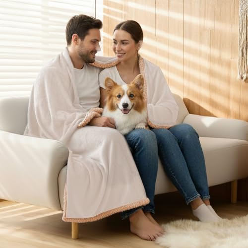 Makigued Waterproof Dog Blanket for Couch & Bed, Reversible Sherpa Fleece Pet Throw with Quiet TPU Barrier, Machine Washable Furniture Protector for Large Dogs & Cats, Throw Size 50x60 Inch, Cream - color: Cream, size: Throw(50"*60")