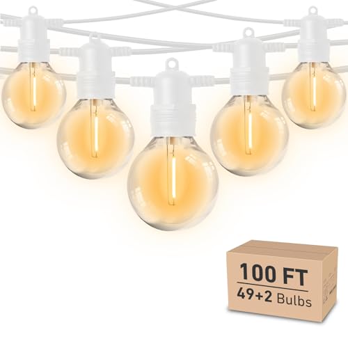 HISTAR 100FT White Outdoor String Lights with 49+2 Led Bulbs, G40 Globe Patio Lights for Backyard Porch Balcony Party Decor - size: 100FT-white