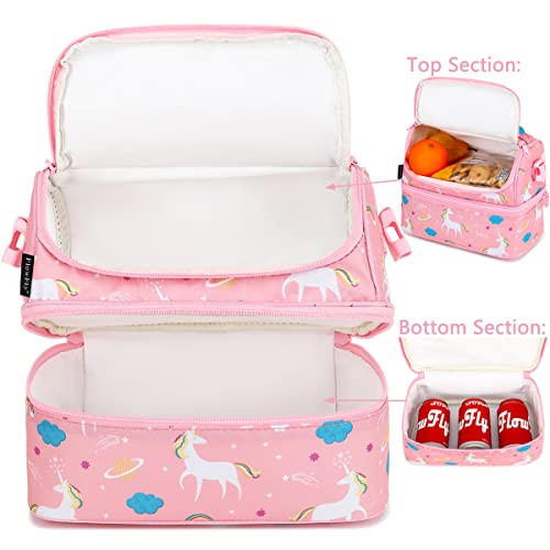 FlowFly Kids Double Decker Cooler Insulated Lunch Bag Large Tote for Boys, Girls, Men, Women, With Adjustable Strap, Unicorn - color: Unicorn