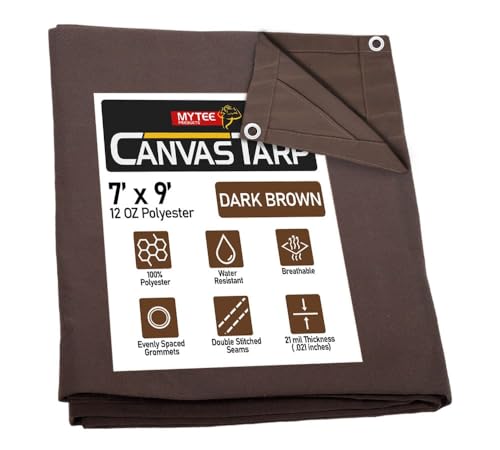 Mytee Products 7' x 9' Dark Brown 12oz Canvas Tarp with Grommets - Water Resistant - Heavy Duty Canvas Tarps - Multipurpose Tarpaulin Cover for Canopy Tent, Roof, Camping, Semi Trucks & Cargo - color: Dark Brown (1 Pc), size: 7' x 9'