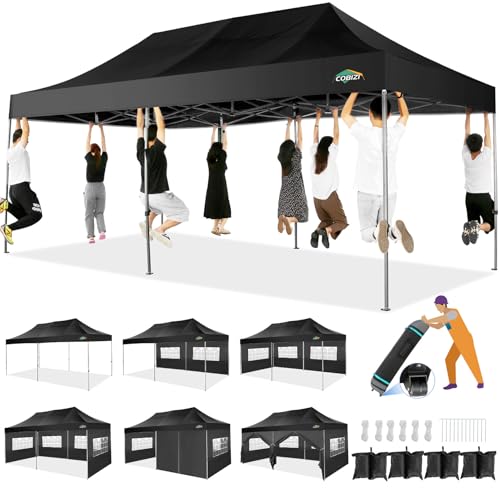 COBIZI 10x20 Heavy Duty Pop up Canopy Tent with 6 sidewalls Easy Up Commercial Outdoor Wedding Party Tents for Parties All Season Wind & Waterproof Gazebo Roller Bag, Black(Frame Thickened) - color: Black, size: 10x20 With 6 Sidewalls