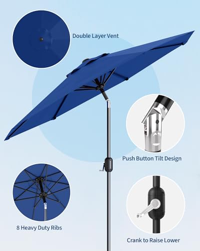 GarveeLife Outdoor Patio Umbrella, Table Market Umbrella with Push Button Tilt and Crank, 8 Sturdy Ribs UV Protection Waterproof for Garden, Deck, Backyard, Pool - color: Navy Blue, size: 9ft