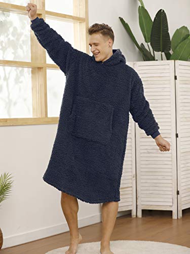 Sherpa Wearable Blanket Oversized Hoodie Sweatshirt TV Blanket with Long Sleeves and Pocket-Navy - color: Navy