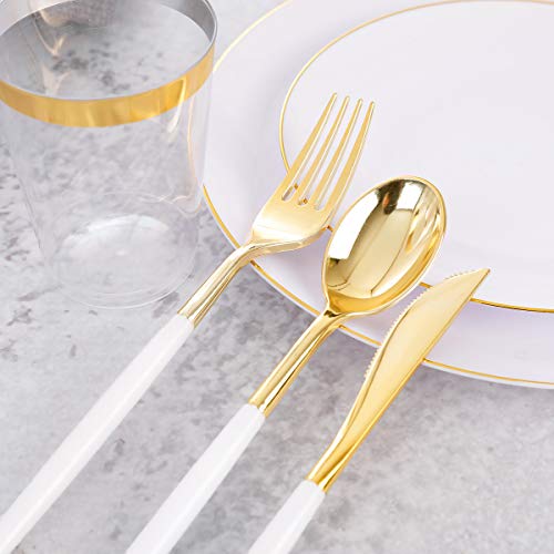 Supernal 350pcs Gold Plastic Dinnerware Set for 50 Guests,Fancy Disposable Plates for Party,Gold Plastic Silverware with White Handle,Disposable White Plates Wedding,Birthday - color: 350pcs White and Gold Plastic Dinnerware Set