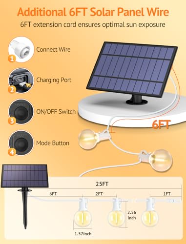 Larkvue 25FT Solar String Lights Outdoor with Remote, Waterproof Dimmable 3 Modes Patio Lights with 10+1 LED Shatterproof G40 Bulbs for Garden-White - color: White