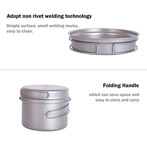 iBasingo Backpacking Cookset Titanium Camping Pots Set Ultralight Outdoor Picnic Pots Pans with Folding Handle Druable Portable Cooking Mess Kit Compact Picnic Dishes Bowls Cups (Multiple Sizes) - color: Ti2110C(1200ML+500ML)