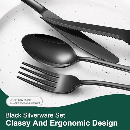 24-Piece Black Silverware Set with Steak Knives Black Stainless Steel Flatware Set for 4 Food Grade Tableware Cutlery Set Rust-proof, Mirror Polished, Dishwasher Safe