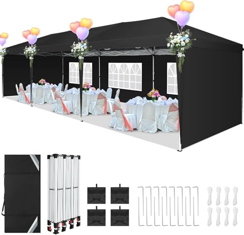 COBIZI 10x30 Pop Up Canopy Tent with 5 Sidewalls Party Tents for Parties Wedding Backyard Waterproof Outdoor Commercial Canopy Event with Sandbags, Black - color: BLACK, size: 10x30FT with 5 sidewalls