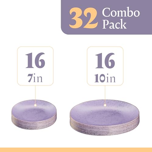 PLASTICPRO 32 Pack Elegant Disposable Plastic Plates Combo Set Includes 16 Dinner Plates and 16 Salad Plates Heavy Duty Fancy Party Plates Purple Granite Plates with Gold rim - color: Granite Collection Purple With Gold Rim