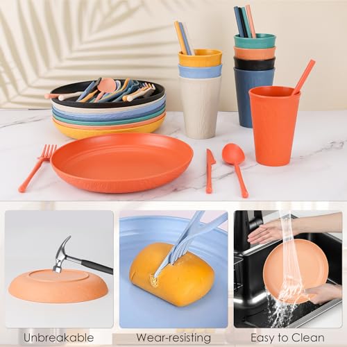 49pcs Dinnerware Sets for 8 People, Unbreakable Plates Sets, Reusable Storage Box, Travel Camping Picnic Home Party Cutlery Set, Dishwasher Microwave Safe Dishes - color: Colorful, style: 49PCS