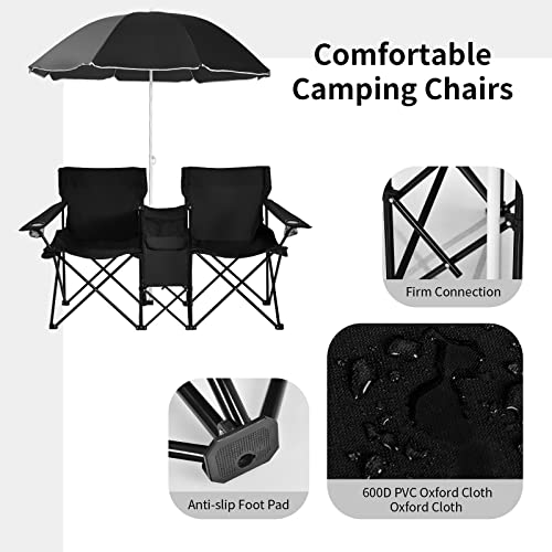 Goplus Double Camping Chair with Umbrella, Folding Loveseat Chairs w/Canopy Shade, Carrying Bag, Table, Cup Holder, Portable Beach Chairs Outdoor Picnic Patio (Black) - color: Black