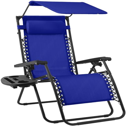 Best Choice Products 30” Wide Folding Zero Gravity Outdoor Recliner Patio Lounge Chair w/Adjustable Canopy Shade, Headrest, Side Accessory Tray - Cobalt Blue - color: Cobalt Blue, size: Oversized Extra Wide
