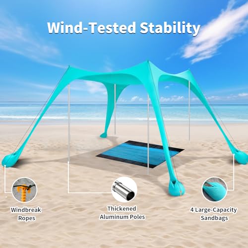 12x12 FT Beach Tent Sun Shelter UPF 50+, XL Beach Canopy with 4 Thickened Aluminum Poles, Sandbags, Windproof Portable Beach Sun Shade with Beach Blanket, Shovels, for Outdoor Camping Fishing RV Trip
