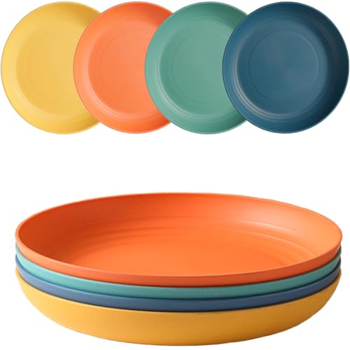 4 Pcs Wheat Straw Dinner Plates, 7.8 Inch Unbreakable Reusable Plastic Plates, Microwave & Dishwasher Safe, Lightweight Salad Dishes for Kitchen Camping, BPA Free (4 Colors) - color: 4 Colors