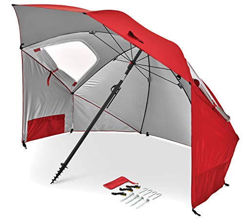 Sport-Brella Premiere UPF 50+ Umbrella Shelter with Patented Side Panels and Tilt Mechanism, Heavy-Duty 1.25 Inch Center Pole, Auger Anchor for Sand and Grass - color: Red, style: REG