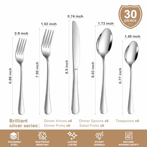 Lazycorner Silverware Set 30 Piece Stainless Steel Flatware Set Silverware Utensils for 6 People Includes Forks Knives Spoons & Salad Forks Dishwasher Safe for Home Restaurant or Outdoor Use - style: C. 30-Piece Silver